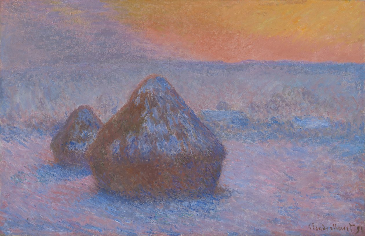 Stacks of Wheat Sunset, Snow Effect, 1890-91 by Claude Monet