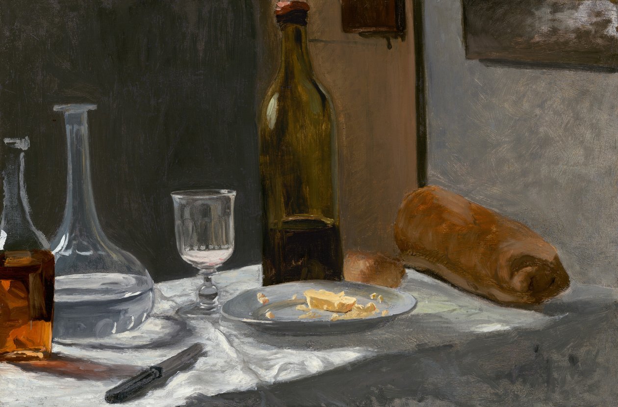 Still Life with Bottle, Carafe, Bread, and Wine by Claude Monet