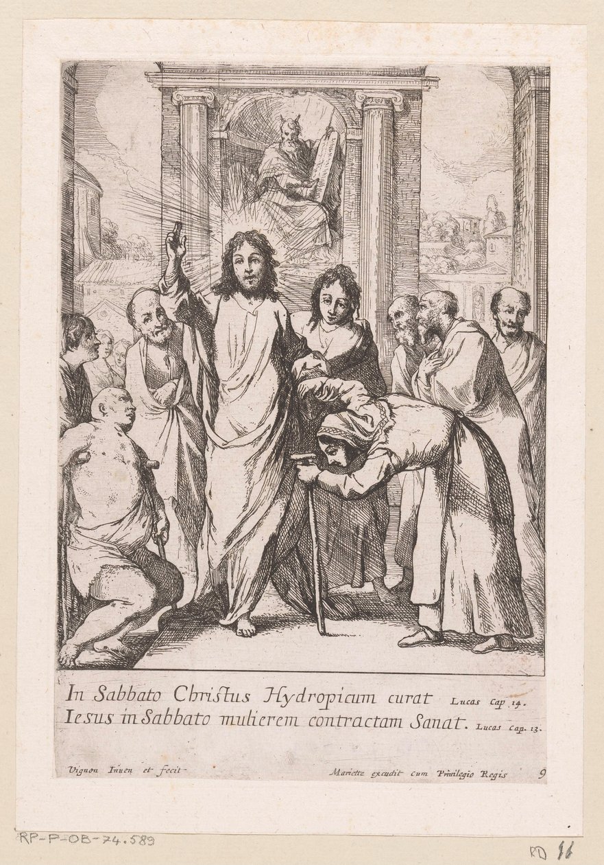 Healing of the Lame Man and the Bent Woman on Sabbath from Miracles of Our Lord Jesus Christ (series title) by Claude Vignon