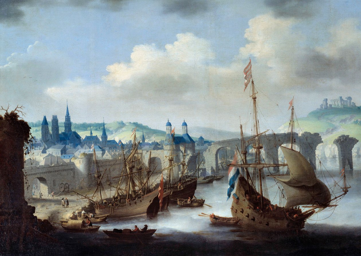 View of the City of Rouen. The Ships are Moored on the Banks of the Seine. Painting by Claude de Jongh by Claude de Jongh