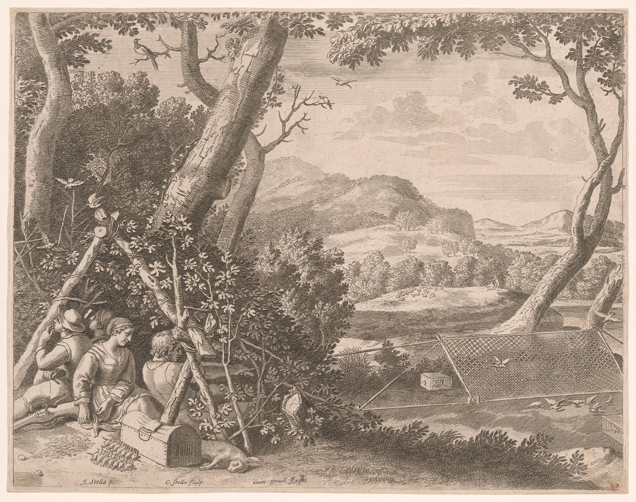 The Bird Catchers, Plate 7 from Pastorales by Claudine Bouzonnet Stella