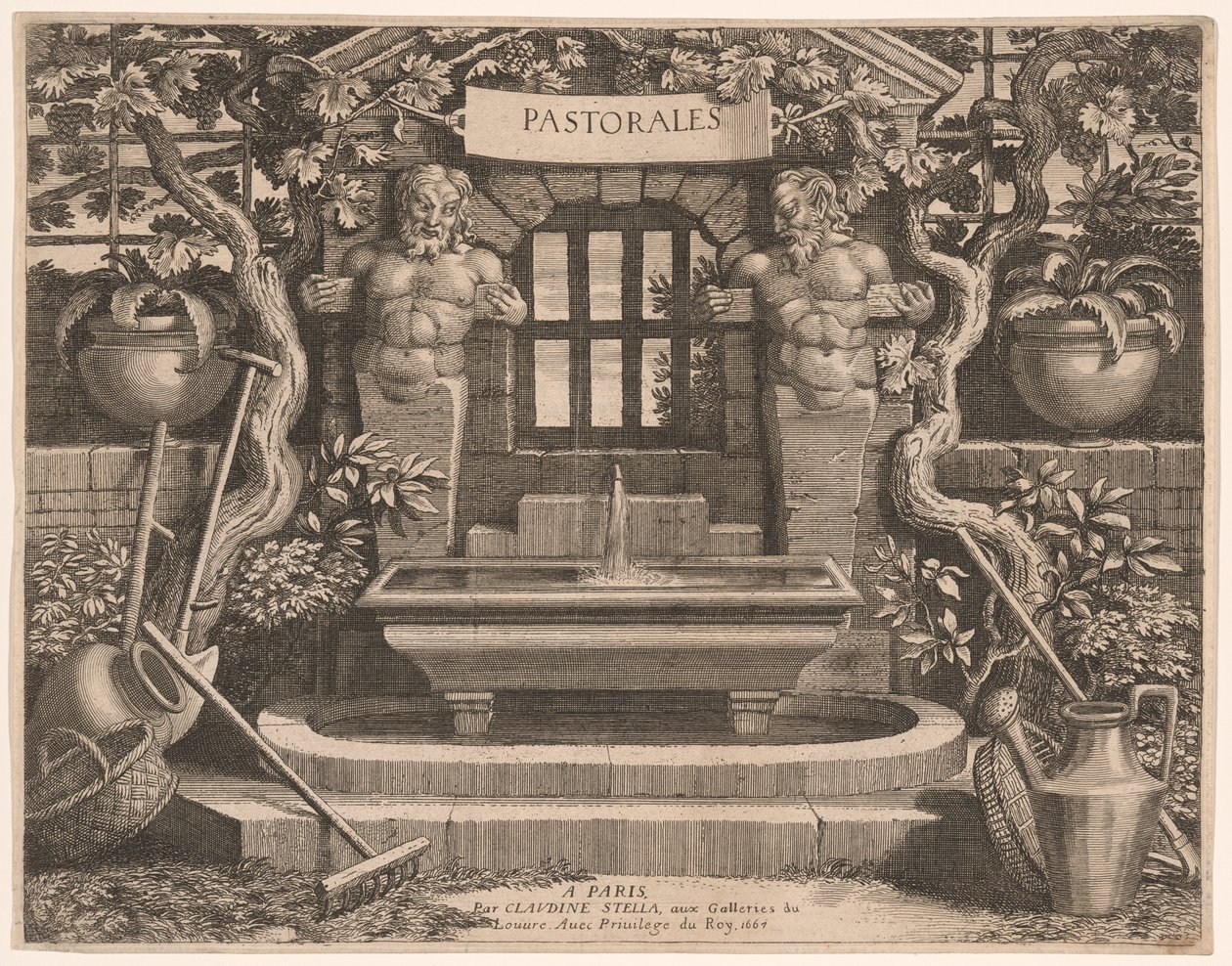 Title Plate with Rustic Fountains and Dedication, from Pastorales by Claudine Bouzonnet Stella