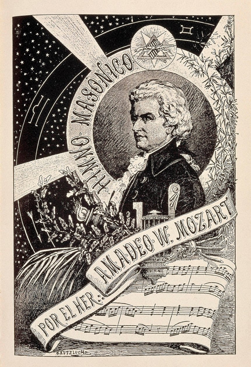 Representation of the Austrian Composer Wolfgang Amadeus Mozart (1756-1791), a Freemason Member Associated with the Encyclopedic Dictionary of Freemasonry, Late 19th - Early 20th Century (Engraving) by Claudio Castelucho