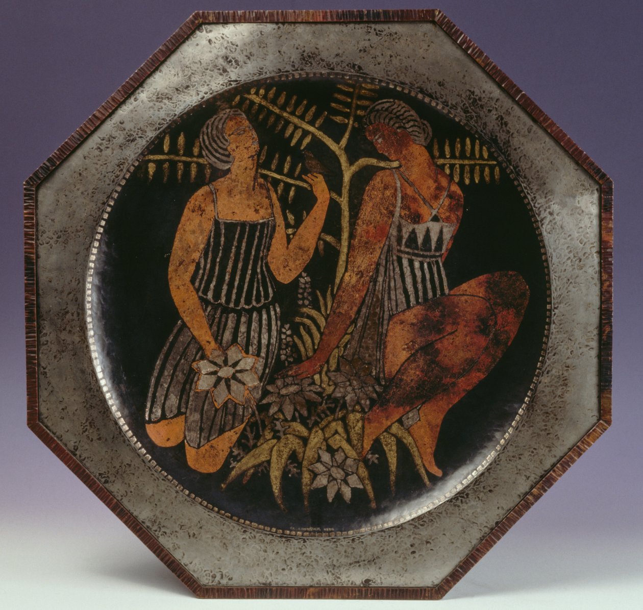 Brass octagonal plate with two figures of young girls and tree by Claudius Linossier