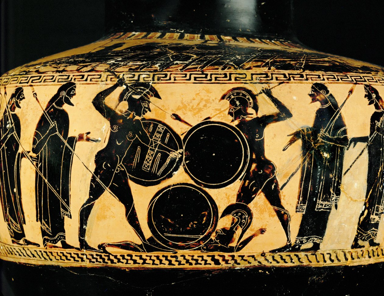 Combat Scene. A Wounded or Dead Hoplite Lies on the Ground. Black-Figured Hydria by Cleimachos Cleimachos