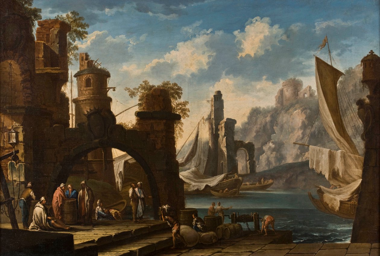 Mediterranean Port with Castle in Ruins, Ships and Figures by Clemente Spera