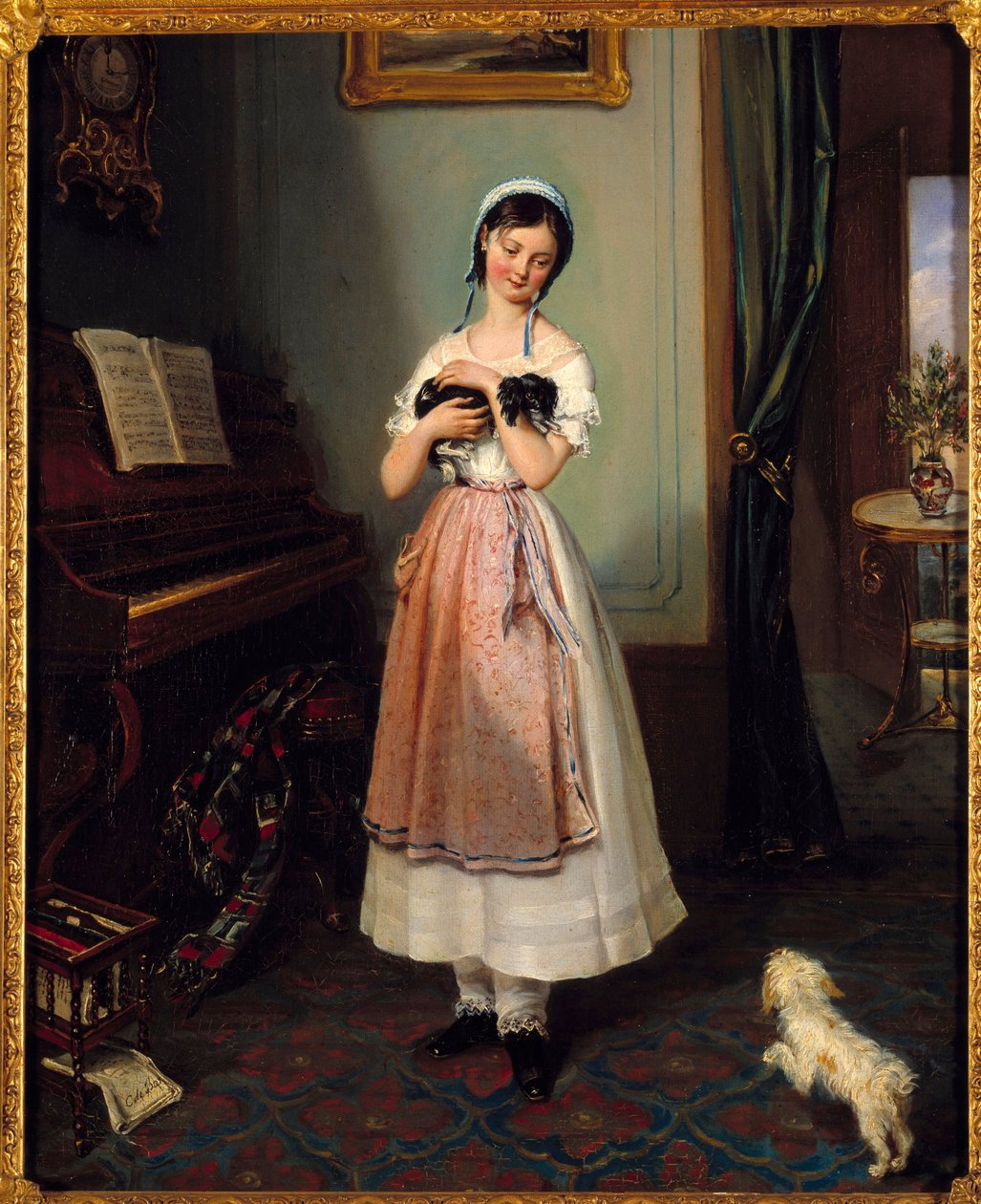 A Young Girl in a Bourgeois Interior with Two Dogs by Clementine de Bar