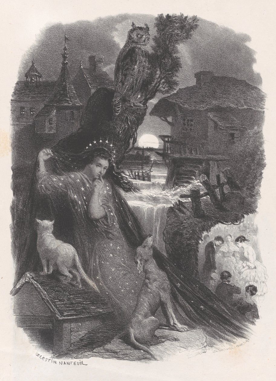 Night, vignette of girl in 18th century costume picking roses, ca. 1830-65 by Célestin Nanteuil