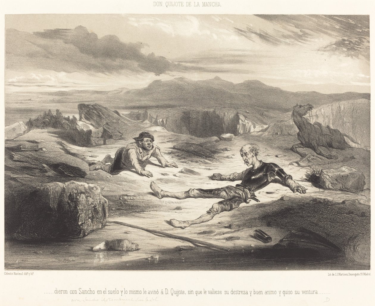 ...they knocked Sancho to the ground and the same happened to Don Quixote... by Célestin Nanteuil