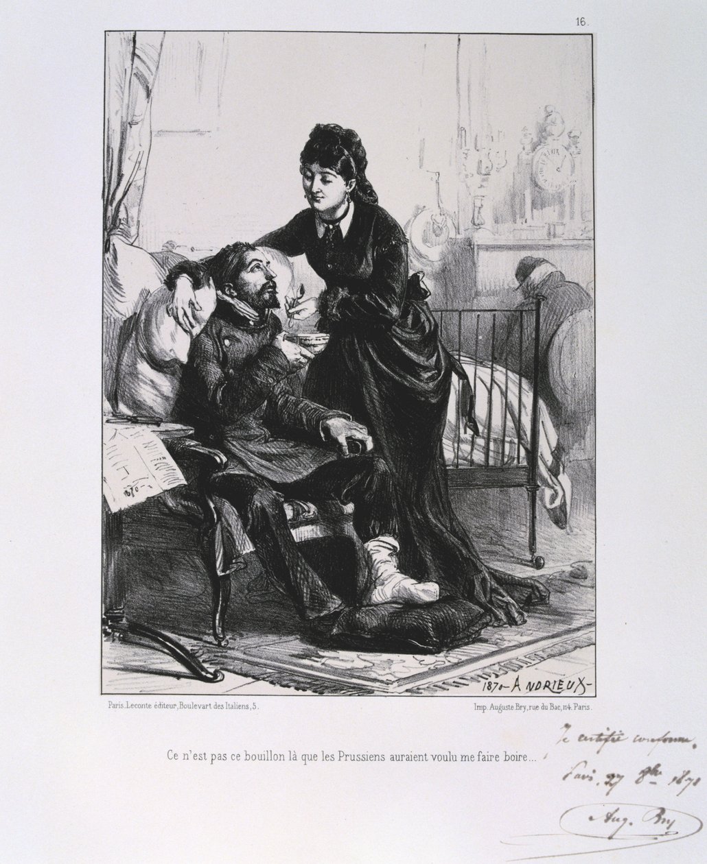 Franco-Prussian War 1870-1871: A wounded soldier being nursed and nourished. From a series of lithographs by Clement August Andrieux by Clément Auguste Andrieux