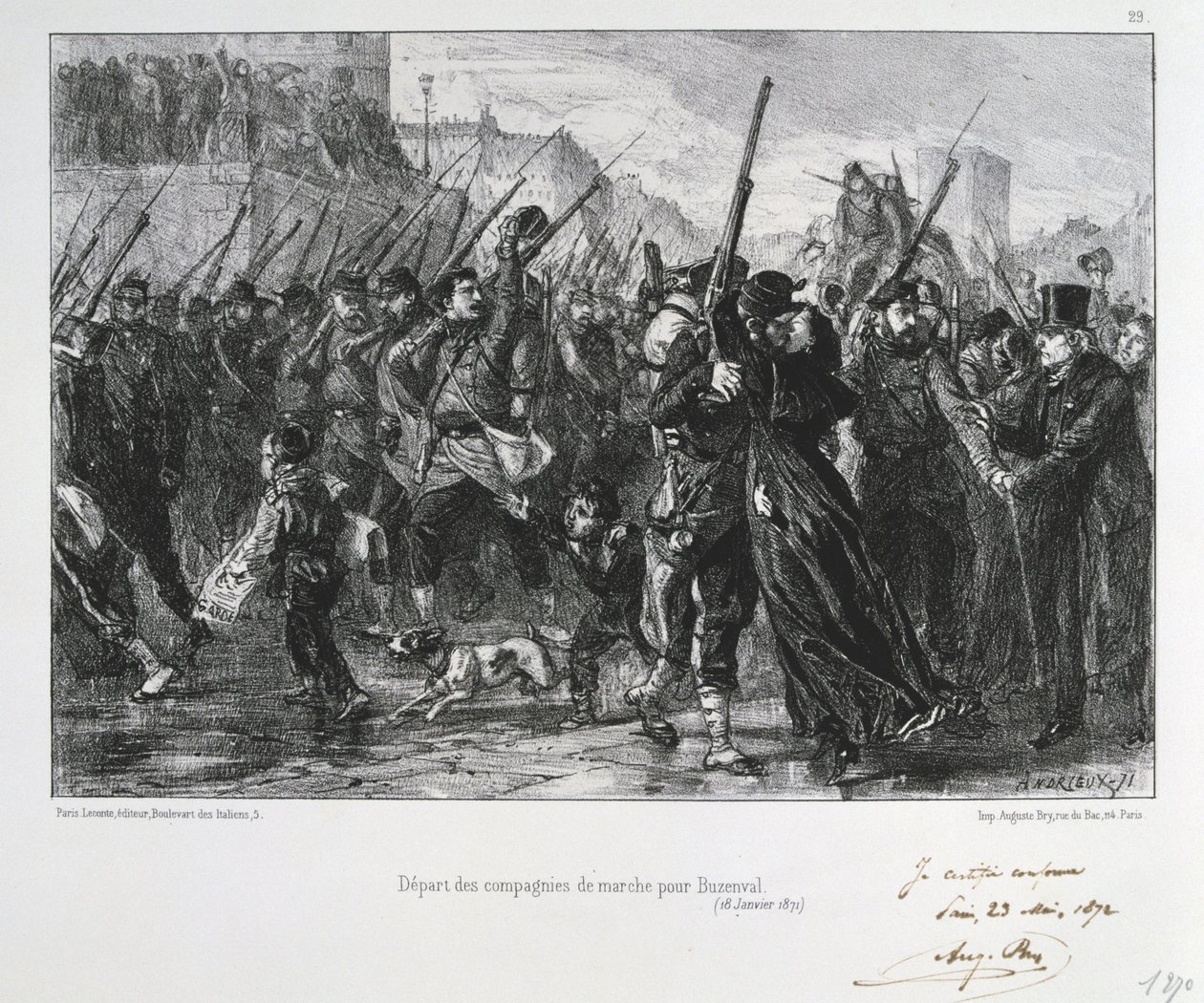 Franco-Prussian War 1870-1871: Battle of Buzenval (Mount Valerien) near Versailles 19 Jan 1871. Garde National marching to the battle and defeat. From a series of lithographs by Clement August Andrieux on the Gardes Nationales. by Clément Auguste Andrieux
