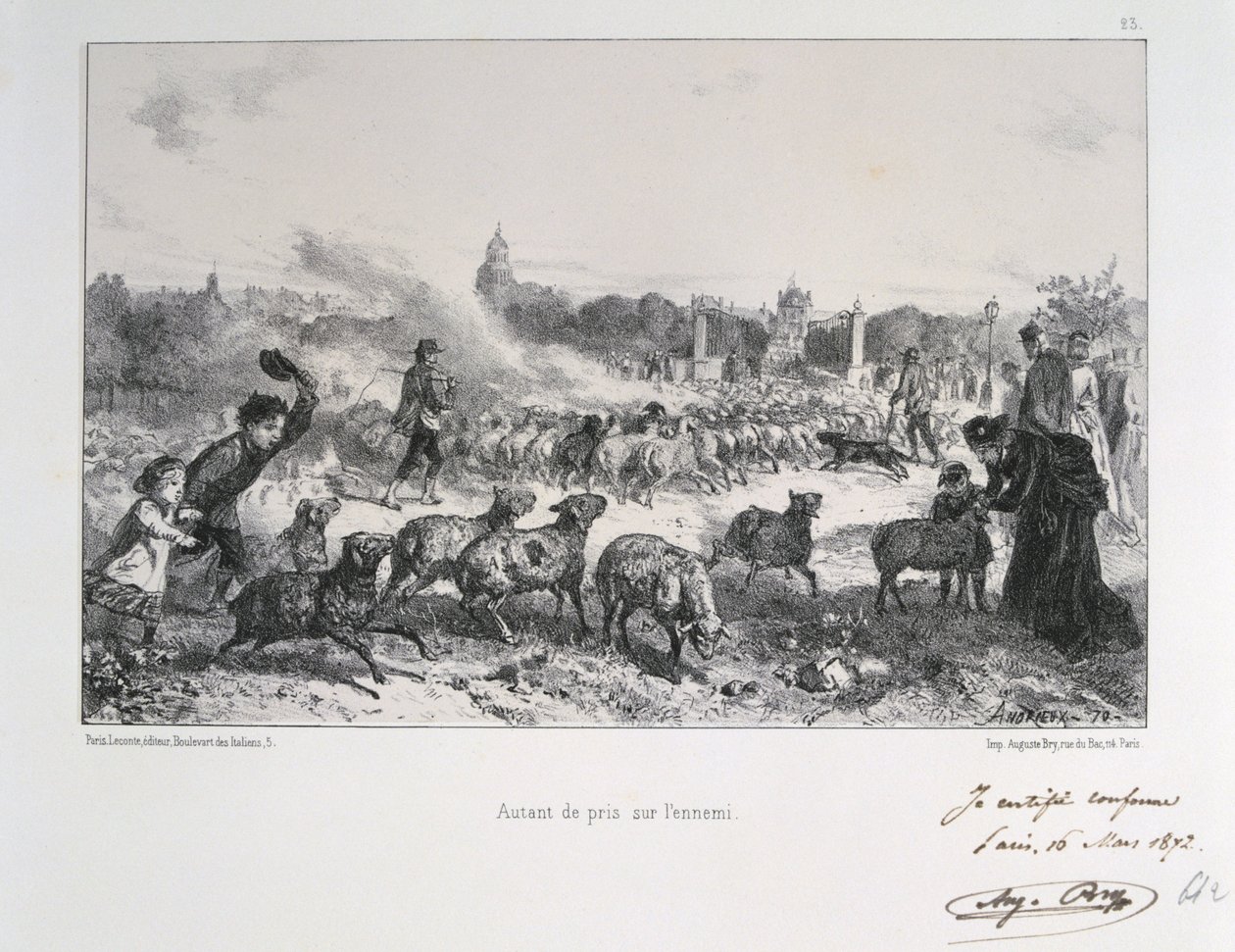Franco-Prussian War 1870-1871: Driving away a flock of sheep to deny them falling into the hands of the Prussians. From a series of lithographs by Clement August Andrieux on the Gardes Nationales. by Clément Auguste Andrieux