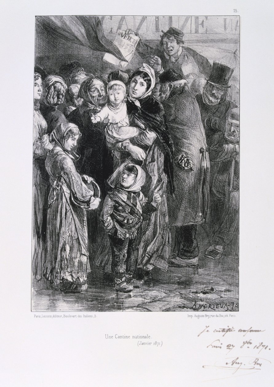 Franco-Prussian War 1870-1871. Siege of Paris 19 Sept 1870-28 Jan 1871. A national soup kitchen in Paris, January 1871. From a series of lithographs by Clement August Andrieux on the Gardes Nationales. Food Shortage Hunger by Clément Auguste Andrieux