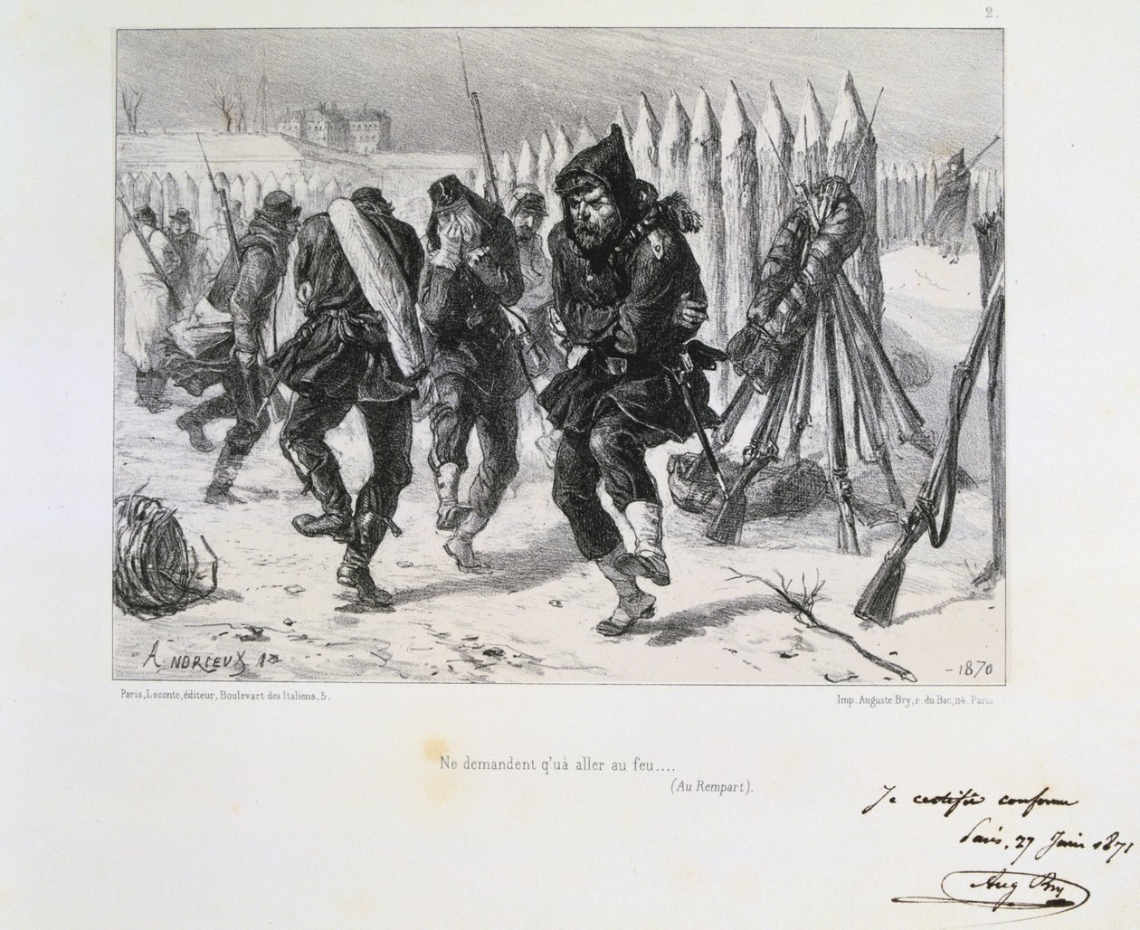 Franco-Prussian War 1870-1871. Siege of Paris 19 Sept 1870-28 Jan 1871. Soldiers on the ramparts jumping about to keep warm. From a series of lithographs by Clement August Andrieux by Clément Auguste Andrieux