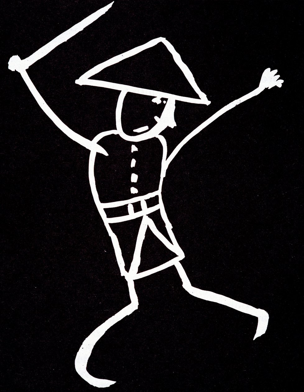 Character with hat, uniform and swinged. Anime drawing by Emile Cohl (1857-1938) in white on black by Cohl