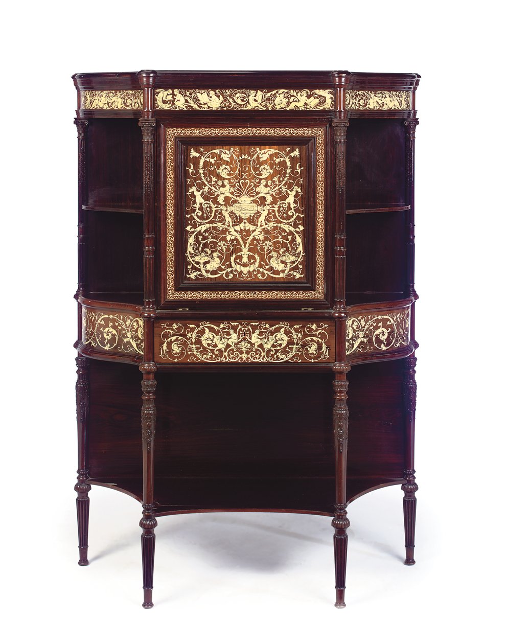 An English ivory-inlaid rosewood and marquetry secretaire, late 19th century by Collinson and Lock