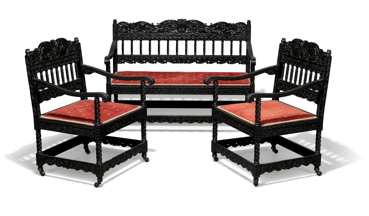 Late Victorian Carved Ebonised Sofa and Pair of Armchairs, Late 19th Century by Collinson and Lock