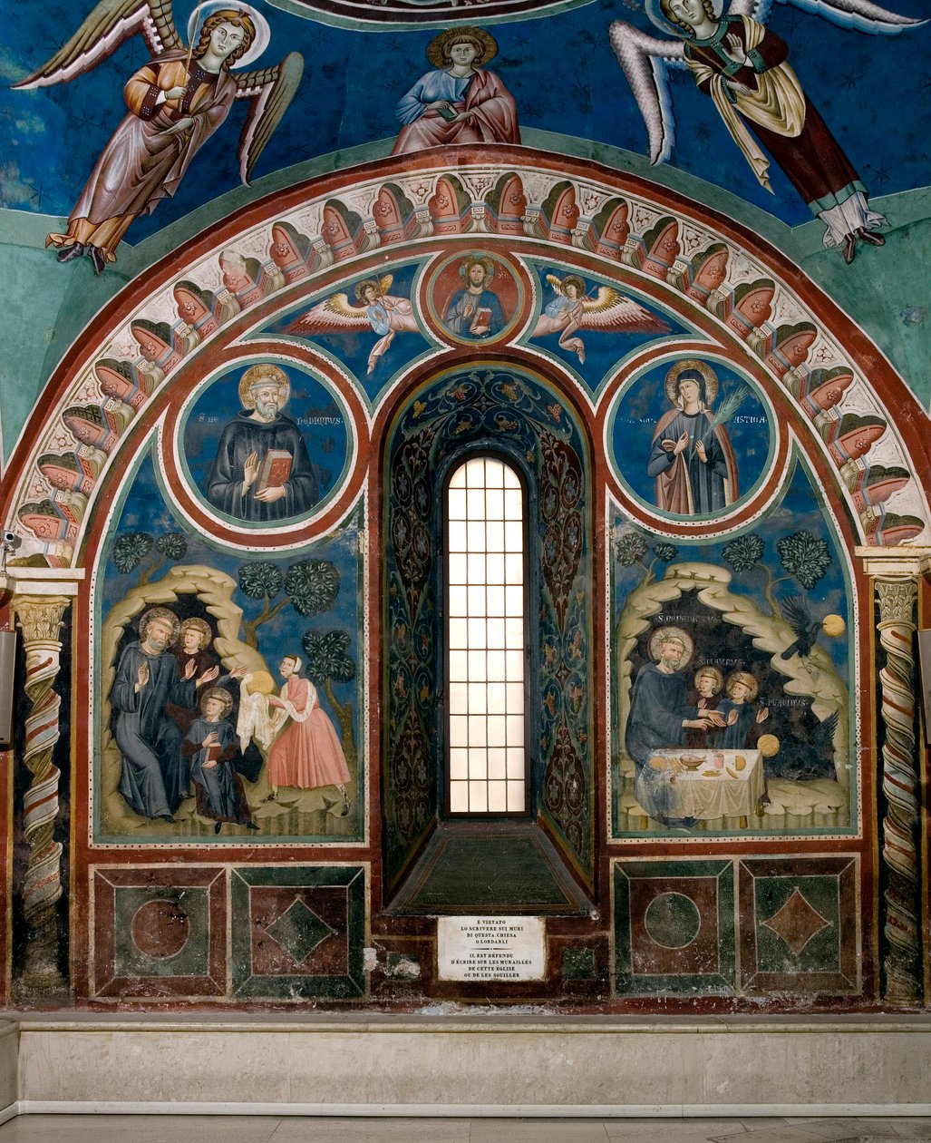 Different episodes of the life of Saint Benedict of Nursia: on the left a woman stretches a piece of poison bread to Saint Benedict, on the right a raven takes the bread and saves Saint Benedict. Fresco by Master Consolo by Consolo 