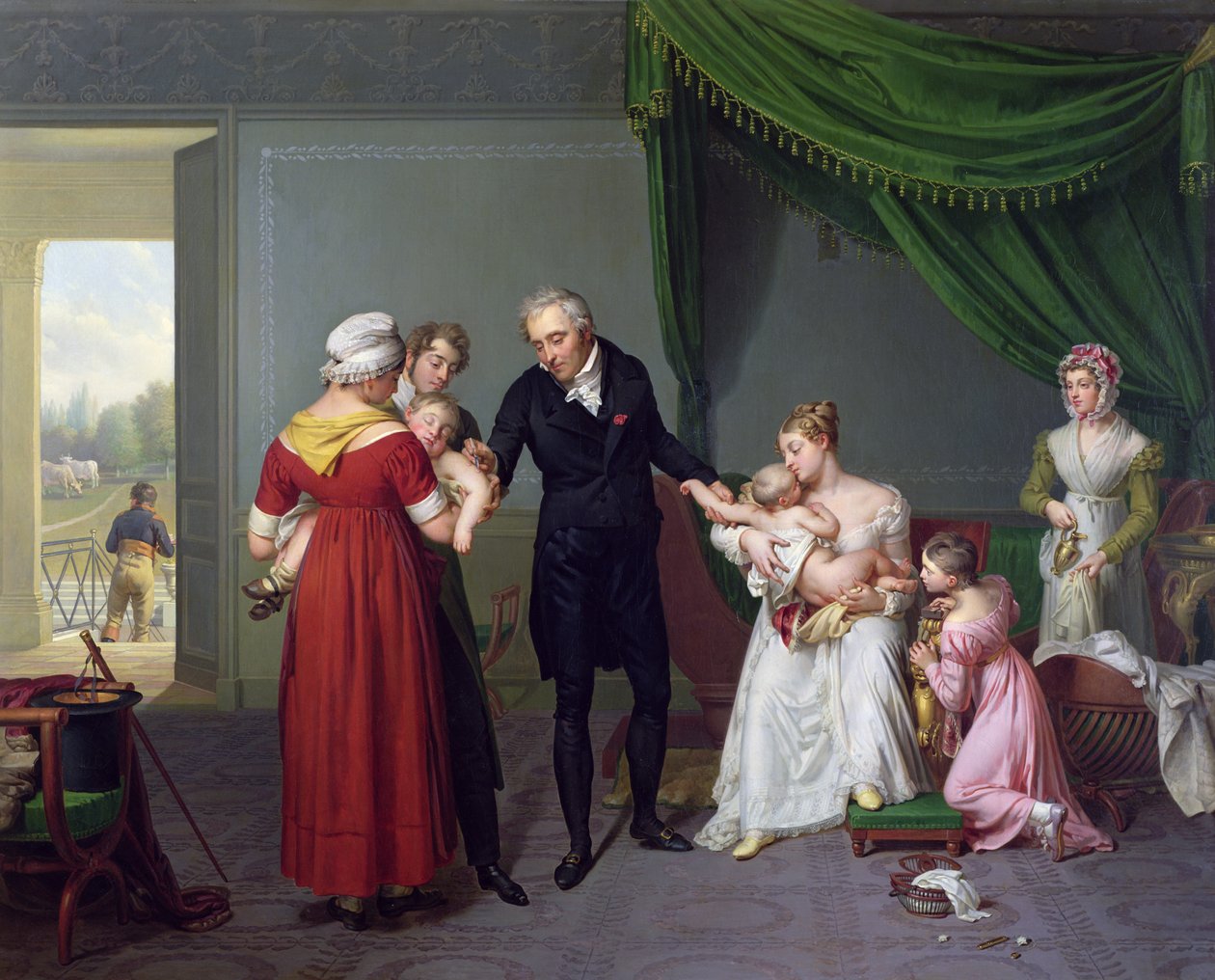 Baron Jean Louis Alibert performing the vaccination against smallpox in the Chateau of Liancourt, c. 1820 by Constant Joseph Desbordes