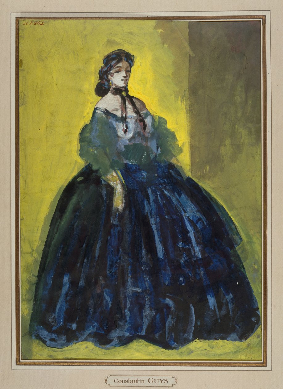 Study of a Woman in Full Length, Blue Dress on Yellow and Green Background, circa 1865 by Constantin Guys