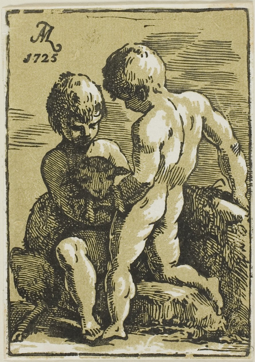 Two Children Petting a Lamb by Conte Antonio Maria Zanetti the Elder