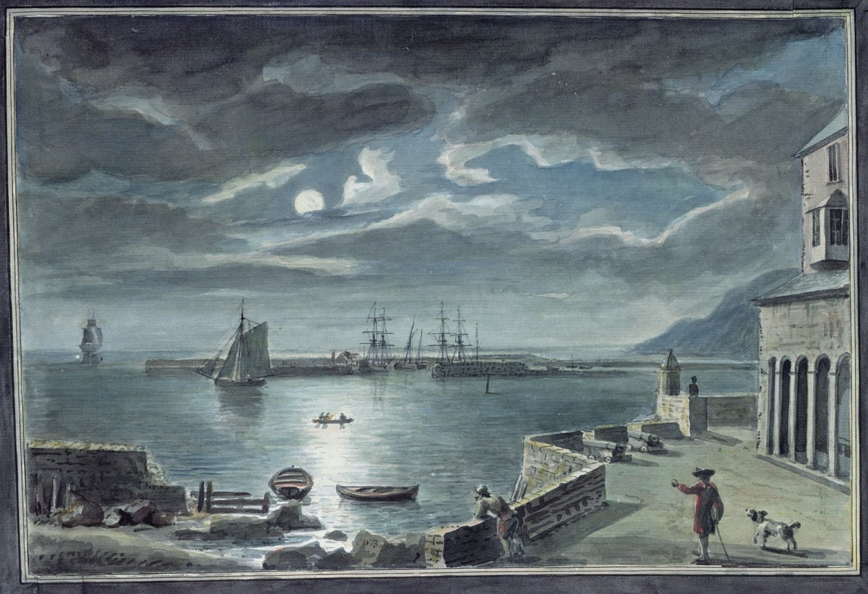 The Harbour and the Cobb, Lyme Regis, Dorset, by Moonlight by Copplestone Warre Bamfylde