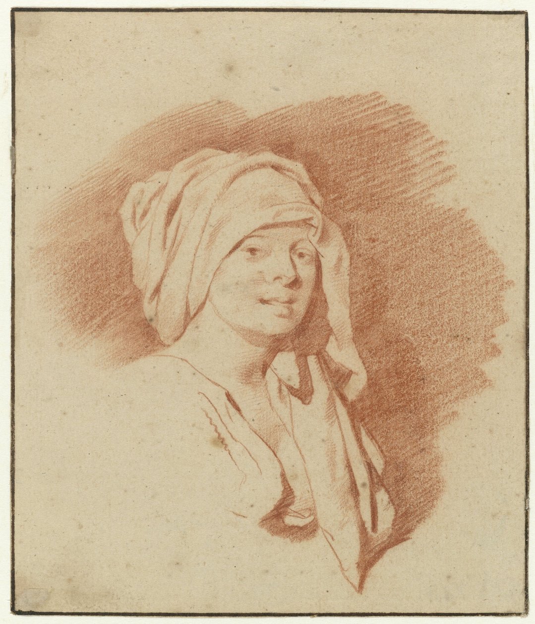 Red Chalk Drawing of a Bust of a Woman with a Towel Around Her Head by Cornelis Pietersz Bega