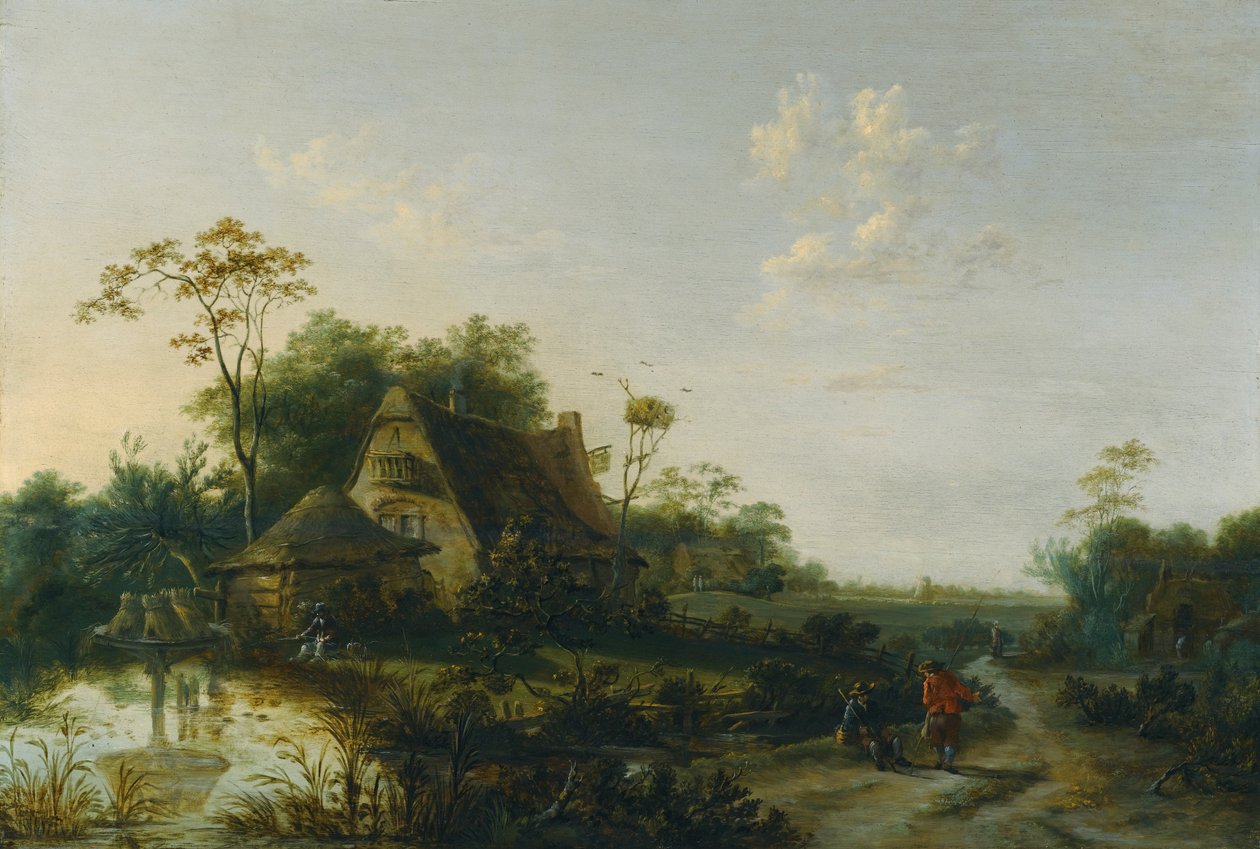 Landscape with Figures Passing by a Cottage and a Pond by Cornelis Snellinck