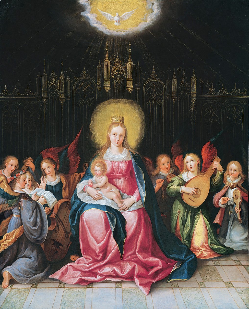The Virgin and Child surrounded by seven music-making angels by Cornelis de Baellieur