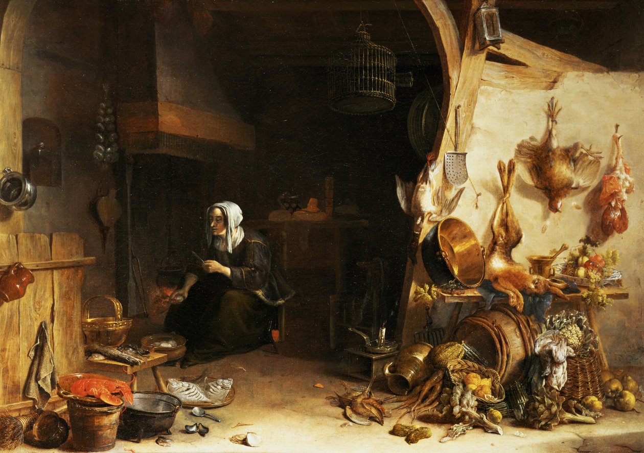 A Kitchen Interior with a Servant Girl Surrounded by Utensils, Vegetables and a Lobster on a Plate by Cornelis van Lelienbergh