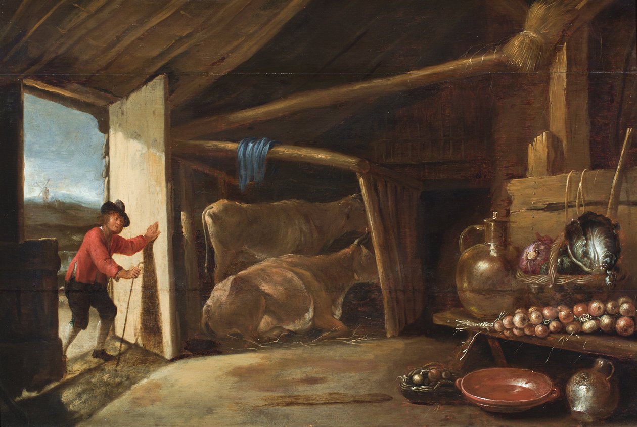 A Barn Interior with a Cowherd Entering and a Still Life of Vegetables and Copper Vessels by Cornelis (circle of) Saftleven
