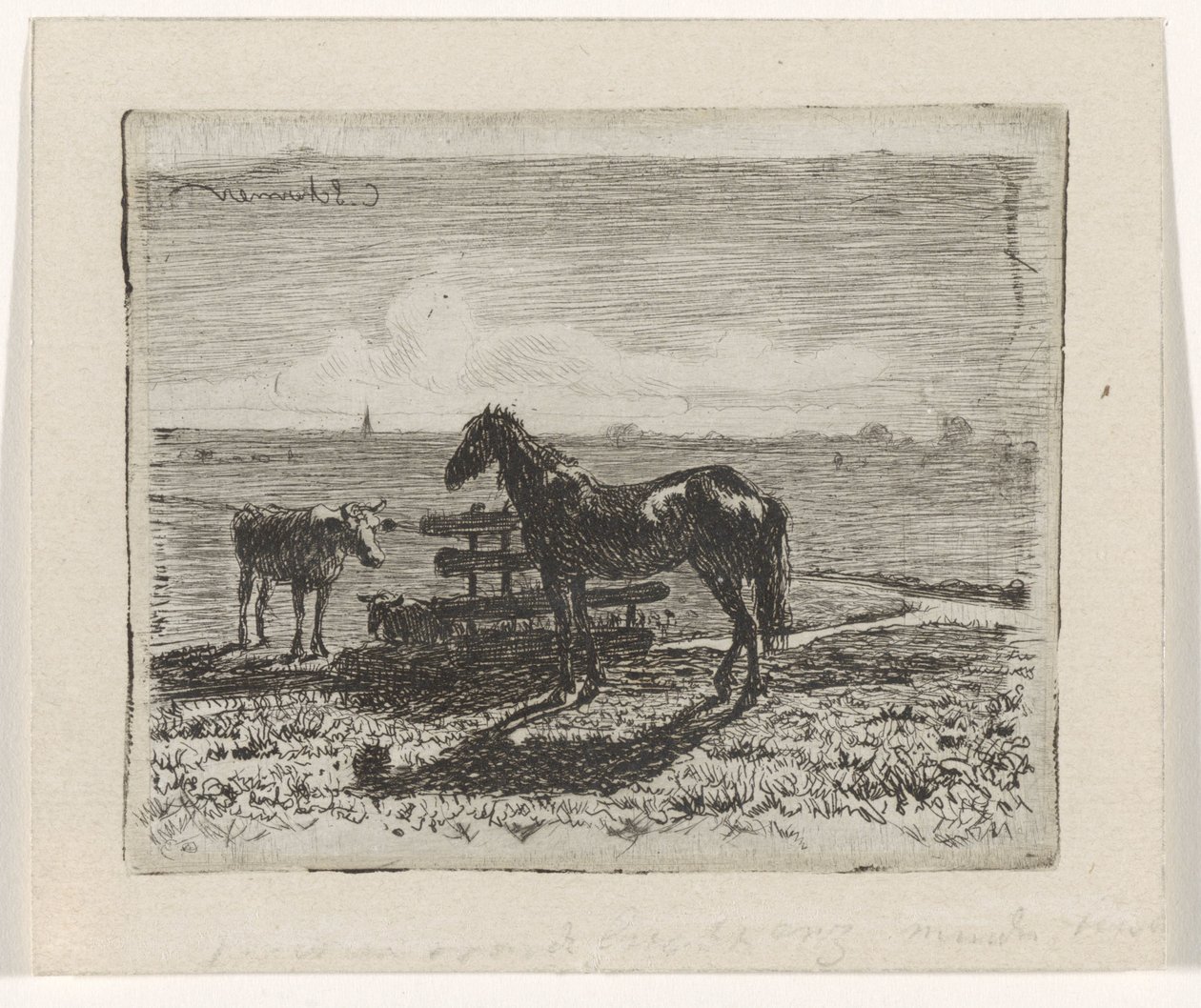 Meadow with a Horse and Two Cows by Cornelis Albertus Johannes Schermer