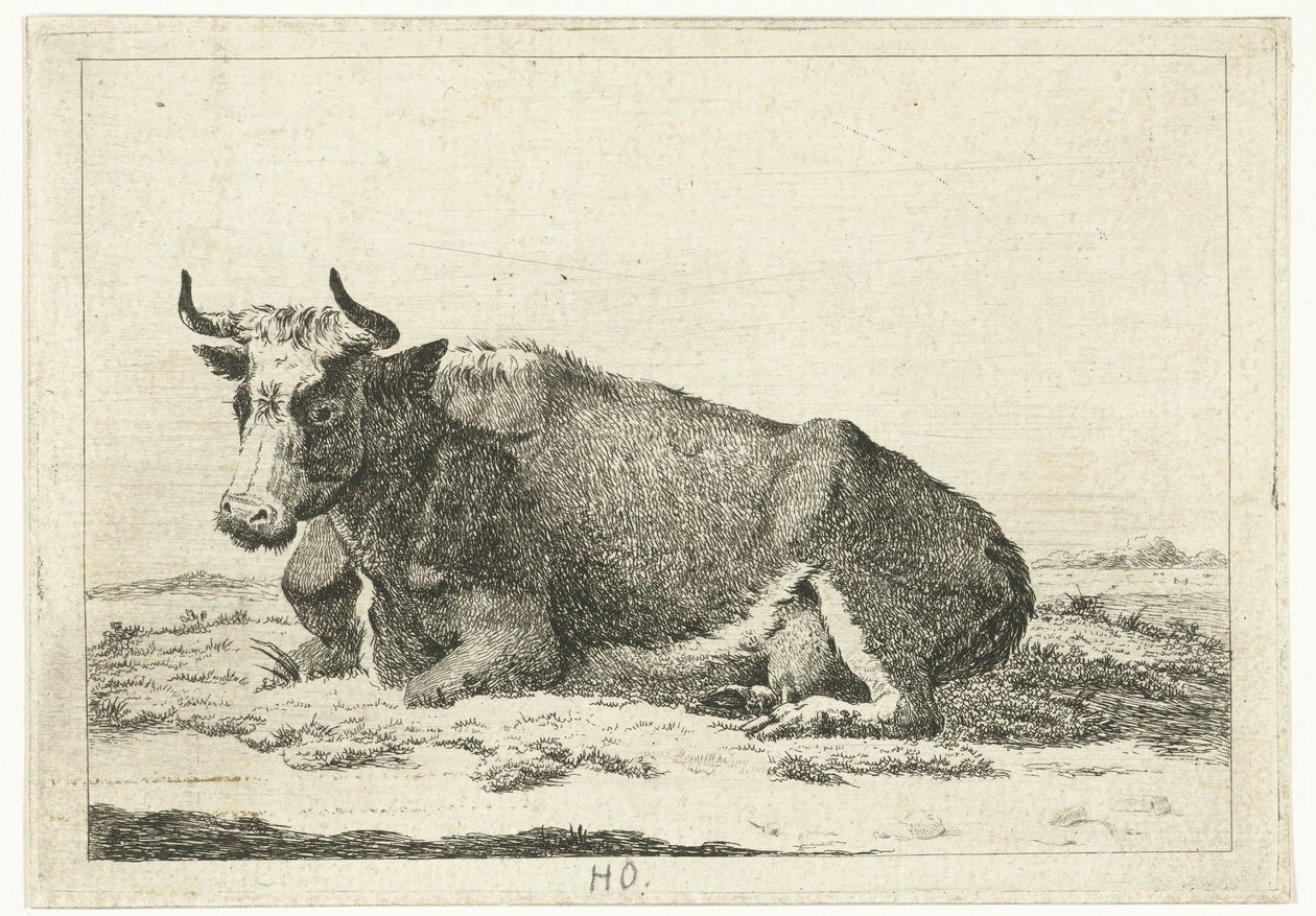 Landscape with Lying Horned Cow (Series: Cows) by Cornelis  Bisschop