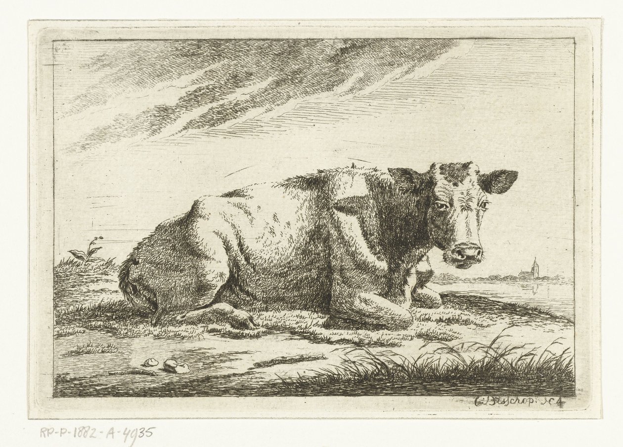 Landscape with Lying Cow without Horns by Cornelis  Bisschop