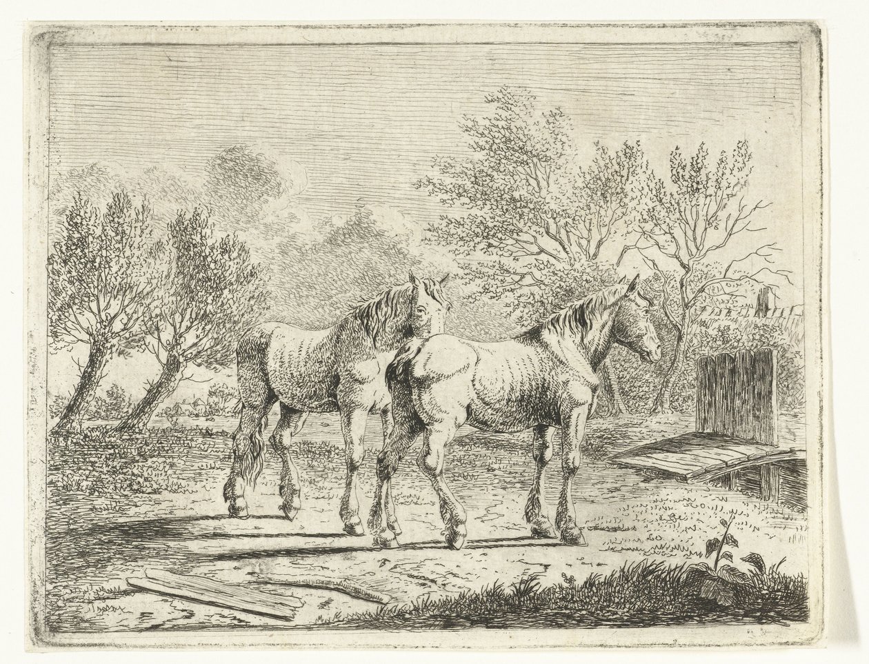 Pastoral Landscape with Two Horses by a Bridge and Farmhouse by Cornelis  Bisschop