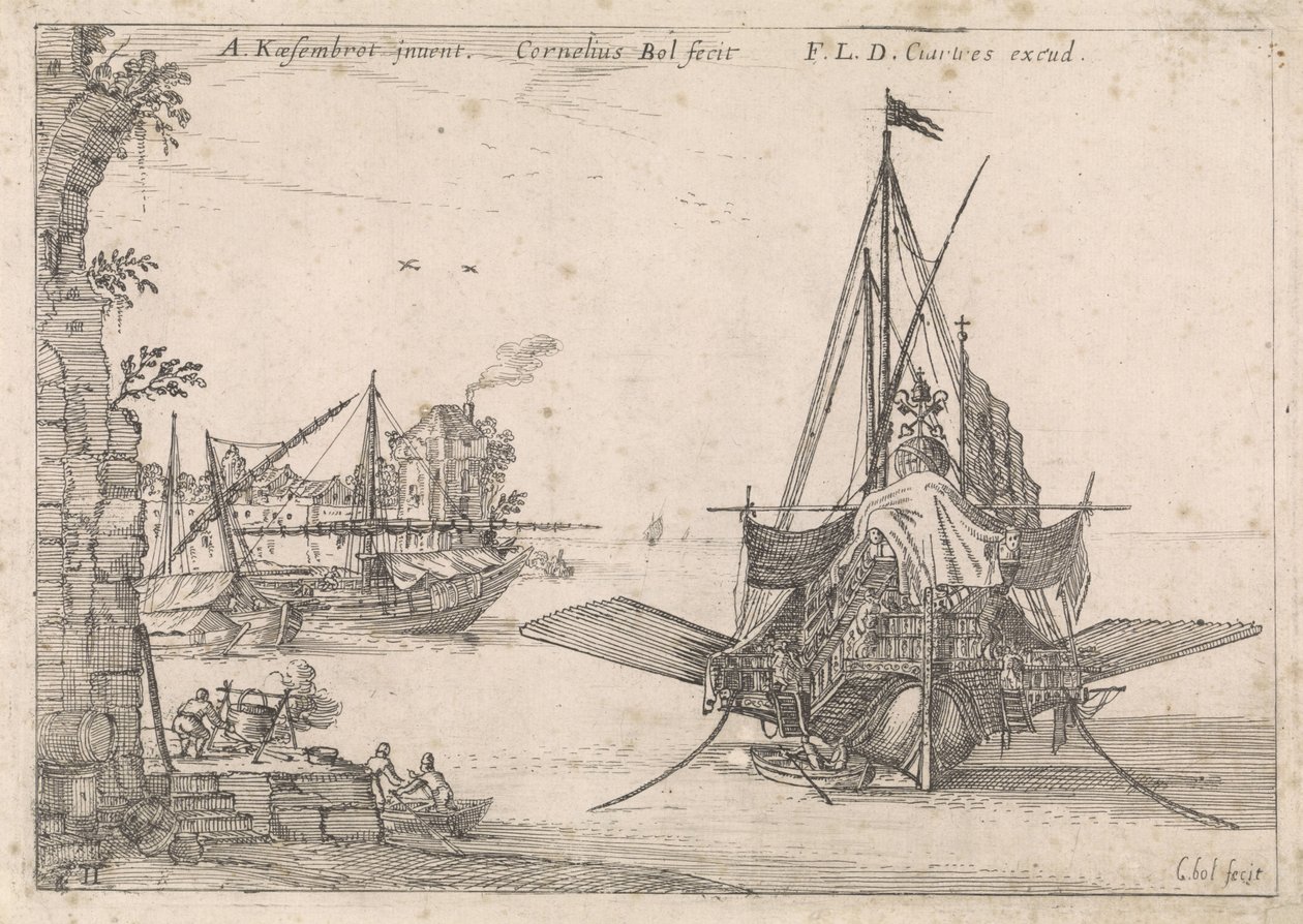 Galley Anchored in a Bay (Harbor Views) by Cornelis Bol
