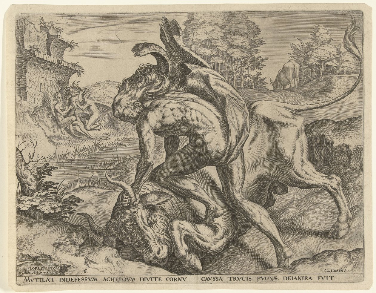 Hercules Wrestling with Achelous by Cornelis Cort
