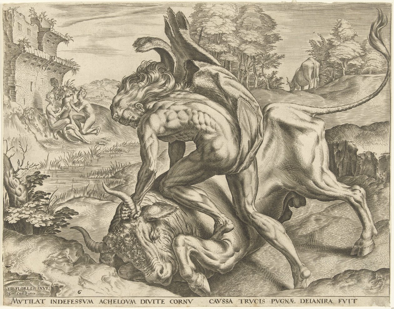 Hercules Wrestling with Achelous by Cornelis Cort