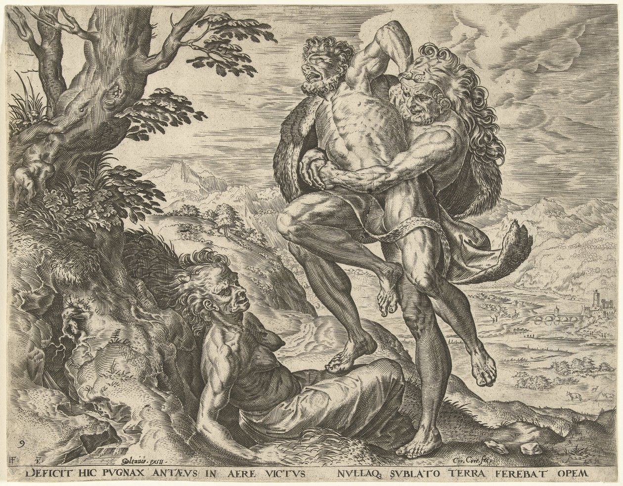Hercules Wrestling with Antaeus (Works of Hercules) by Cornelis Cort