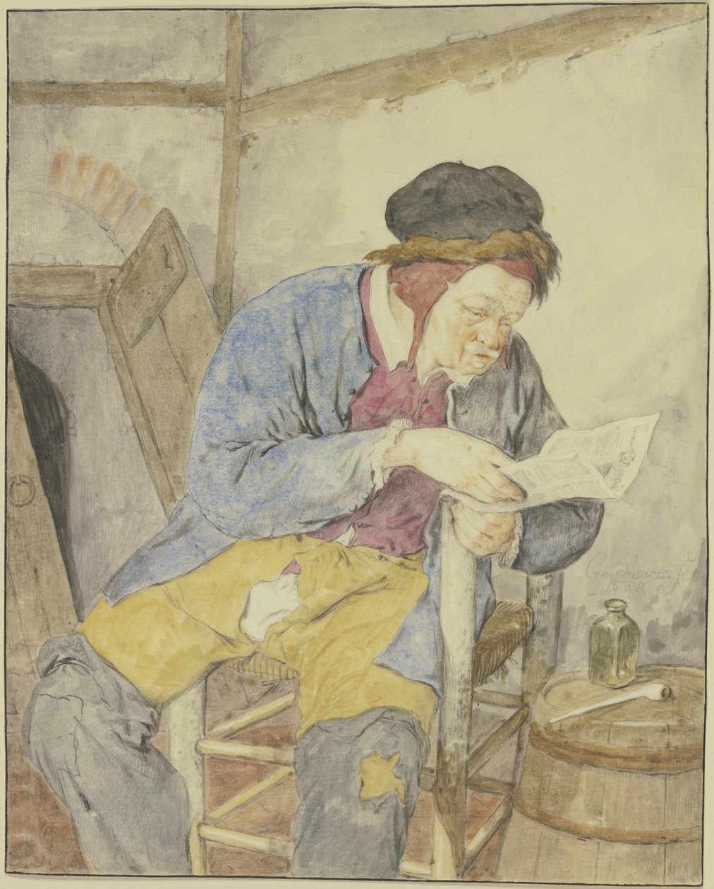 Newspaper Reader by a Barrel by Cornelis Dusart