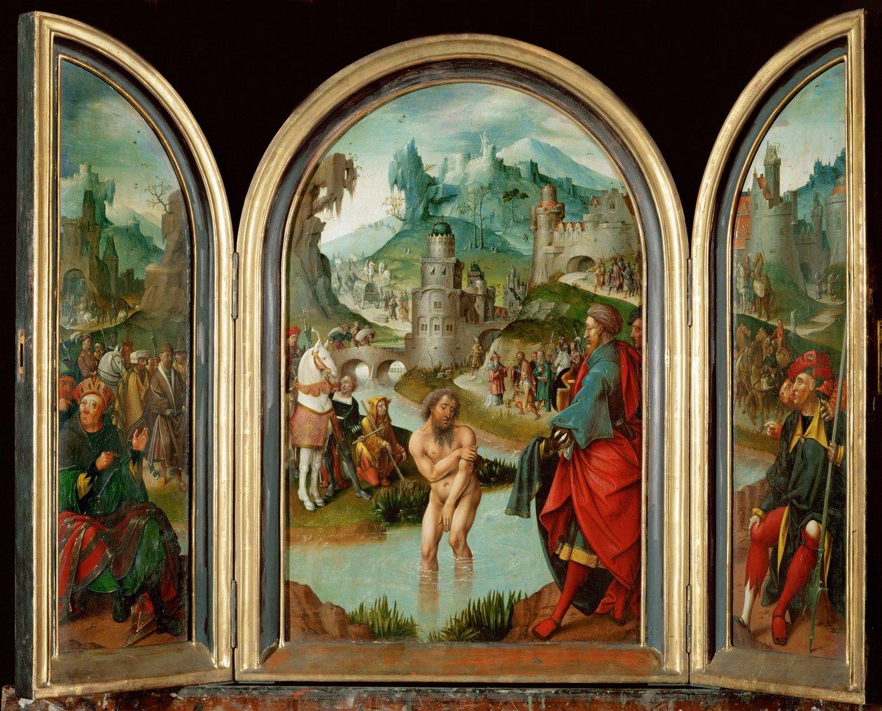 The prophet Elisha heals the Syrian Captain Naaman from leprosy in the waters of the Jordan river by Cornelis Engebrechtsz