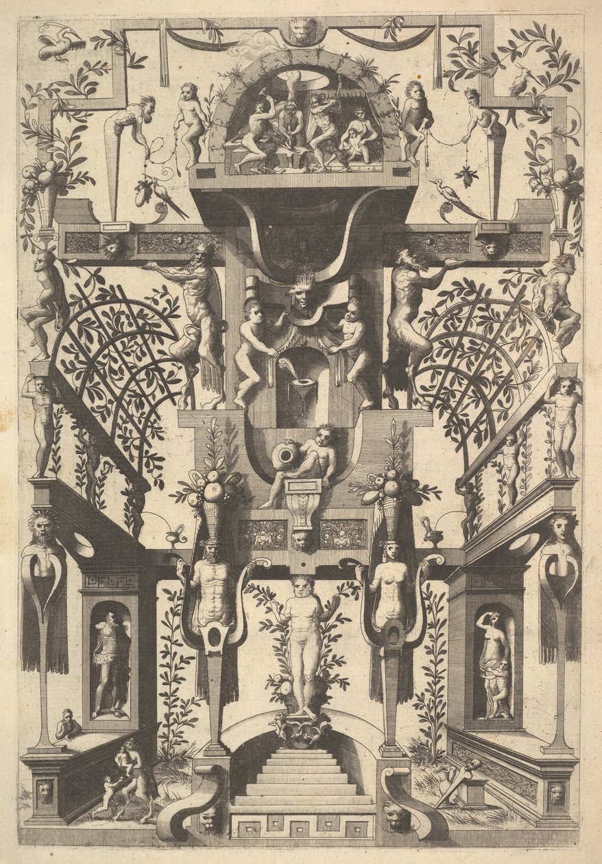 Fantastic Architecture Structure with Strapwork and Two Pergolas and a Small Scene with Vu by Cornelis Floris Ii