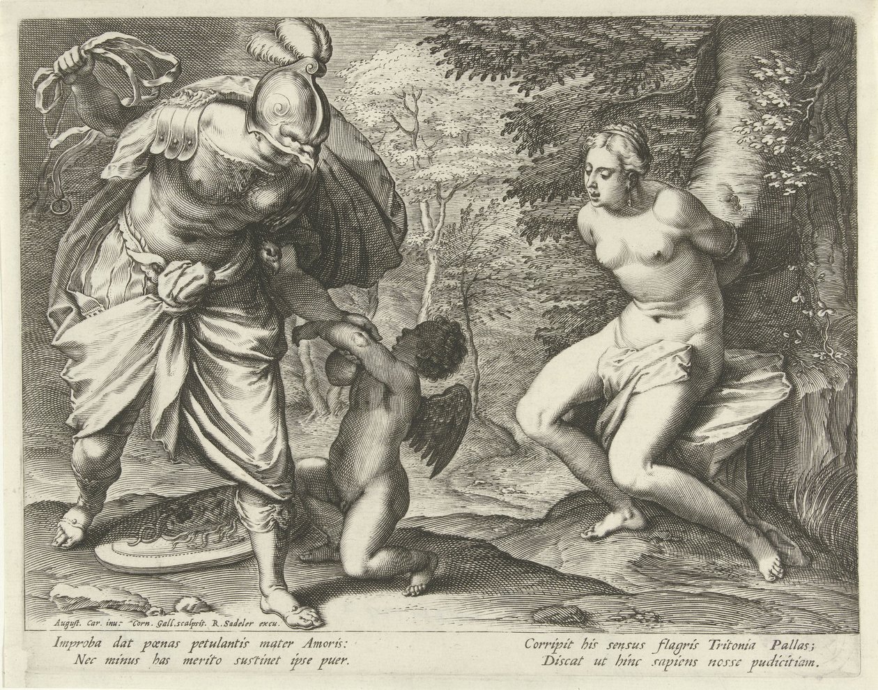 Venus aan een boom gebonden en Amor door Minerva gestraft by Cornelis Galle (I)