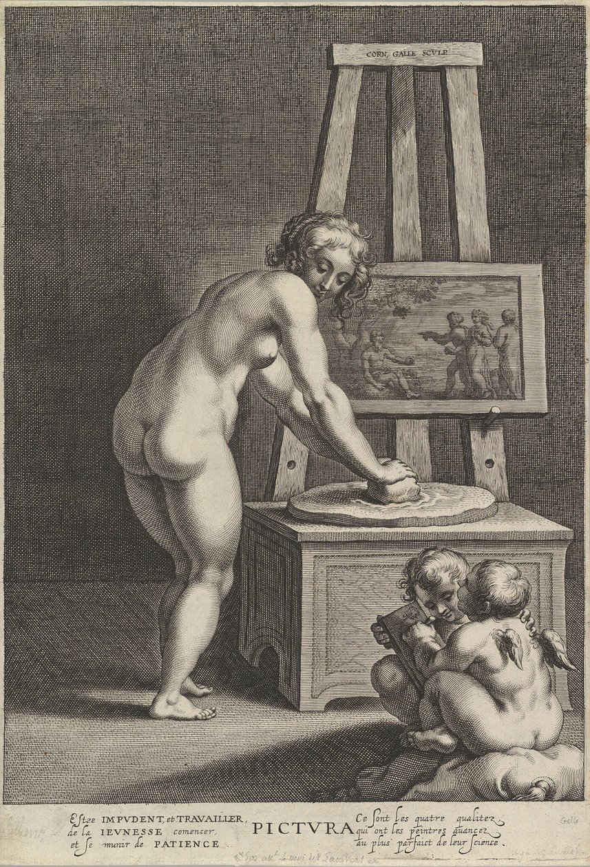 Pictura: Allegory of Painting, with a Nude Woman at Center Grinding Pigments by Cornelis Galle I