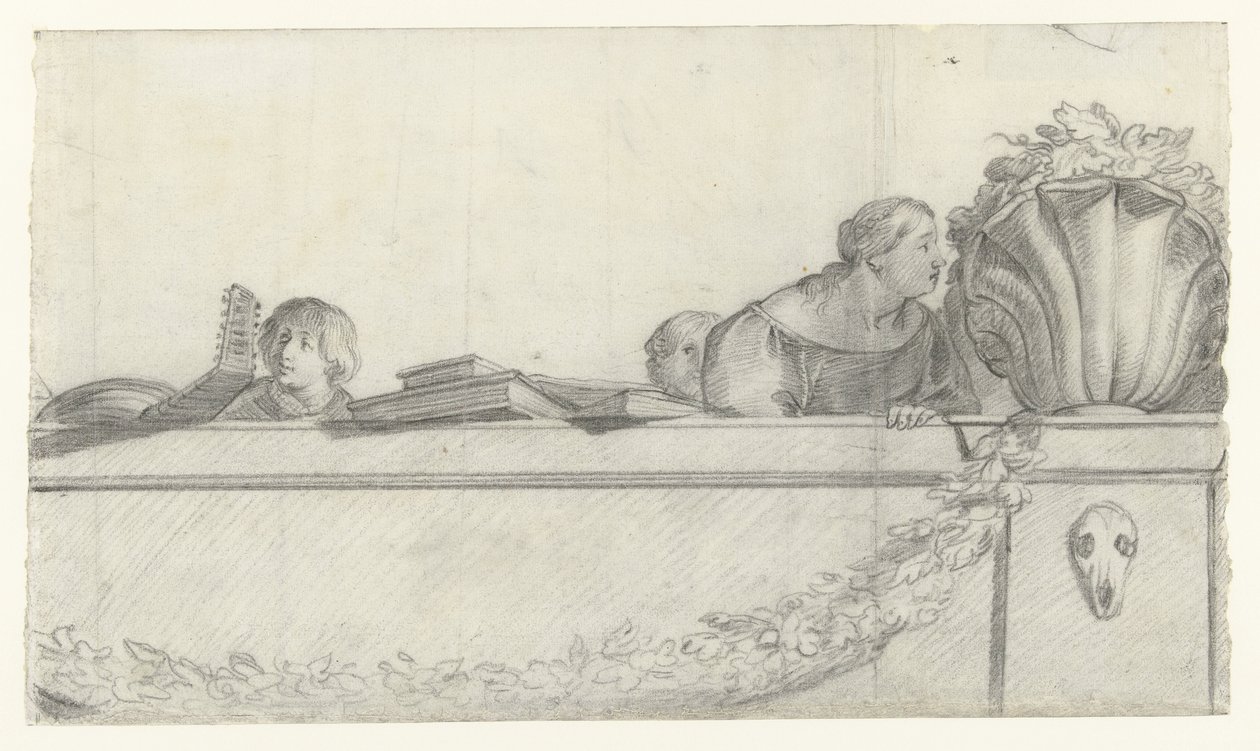 People on a balustrade with festoons (series title: Designs for wall paintings in Honselaersdijk Castle) by Cornelis Holsteyn