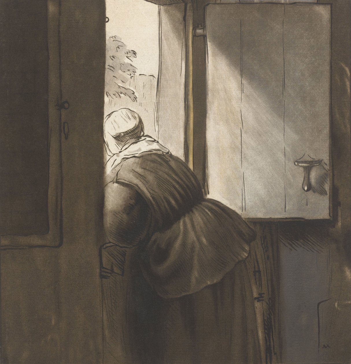 A Woman Leaning on the Bottom Door, after Rembrandt van Rijn by Cornelis Ploos van Amstel