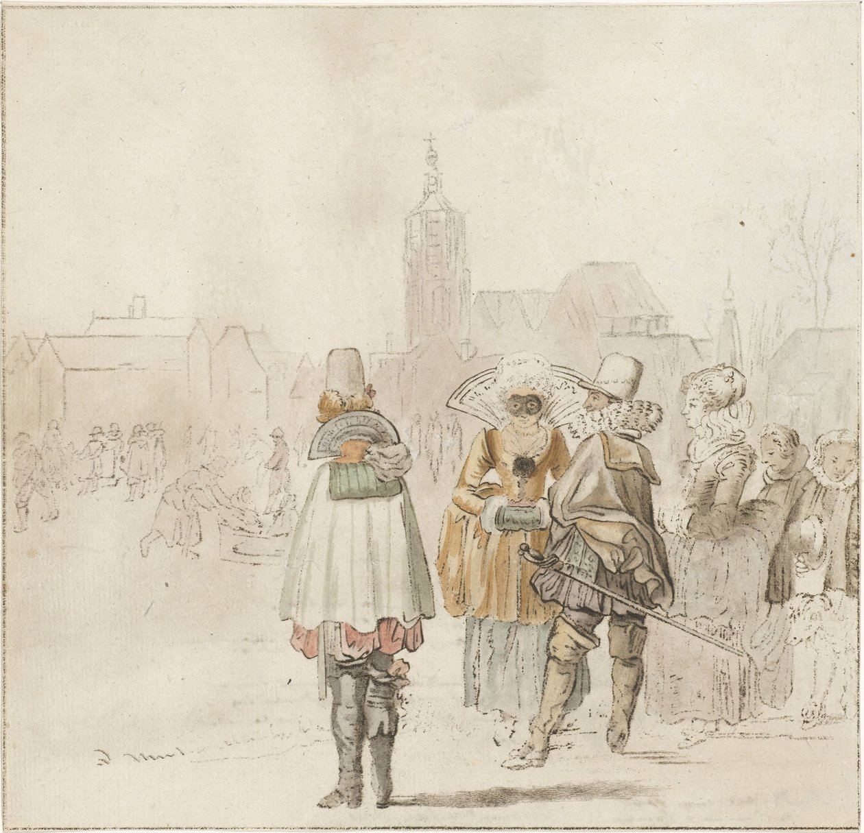 Elegant Company on the Ice by Cornelis Ploos van Amstel (signed by artist)