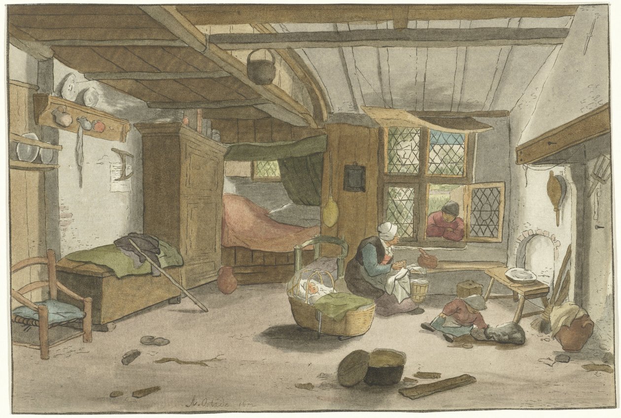 Interior with Woman by Cradle by Cornelis Ploos van Amstel (signed by artist)