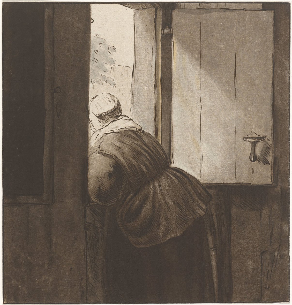 Woman Leaning Over a Half-Door by Cornelis Ploos van Amstel (signed by artist)