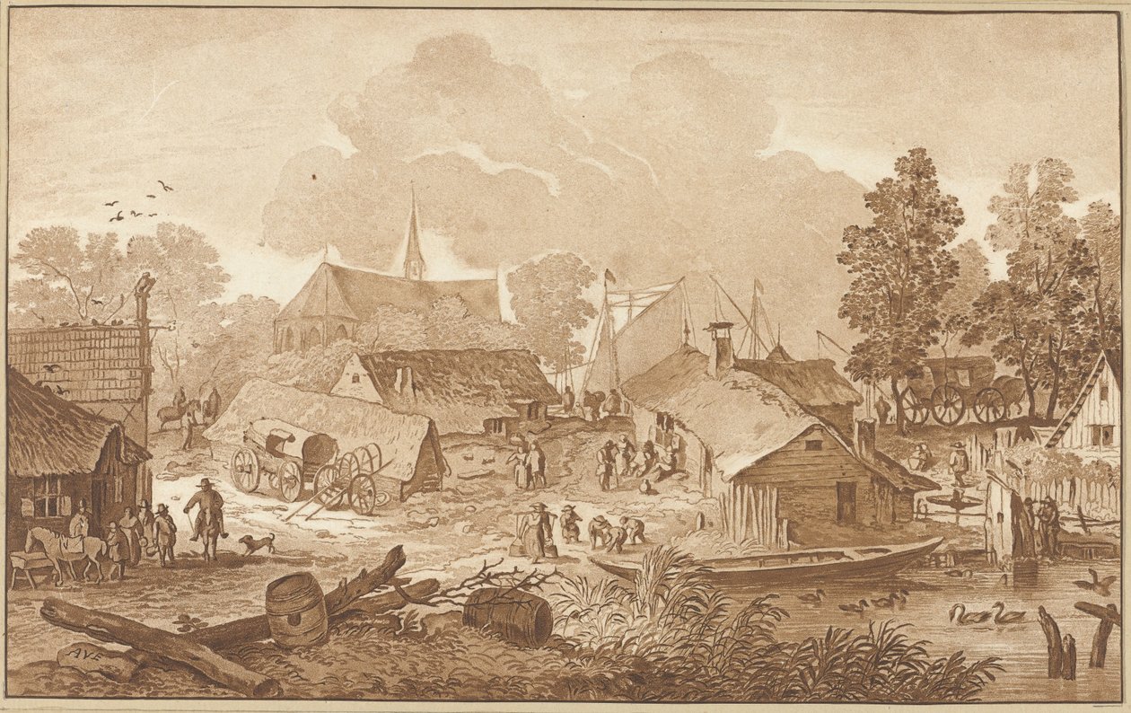 Village Scene with Pond by Cornelis Ploos van Amstel